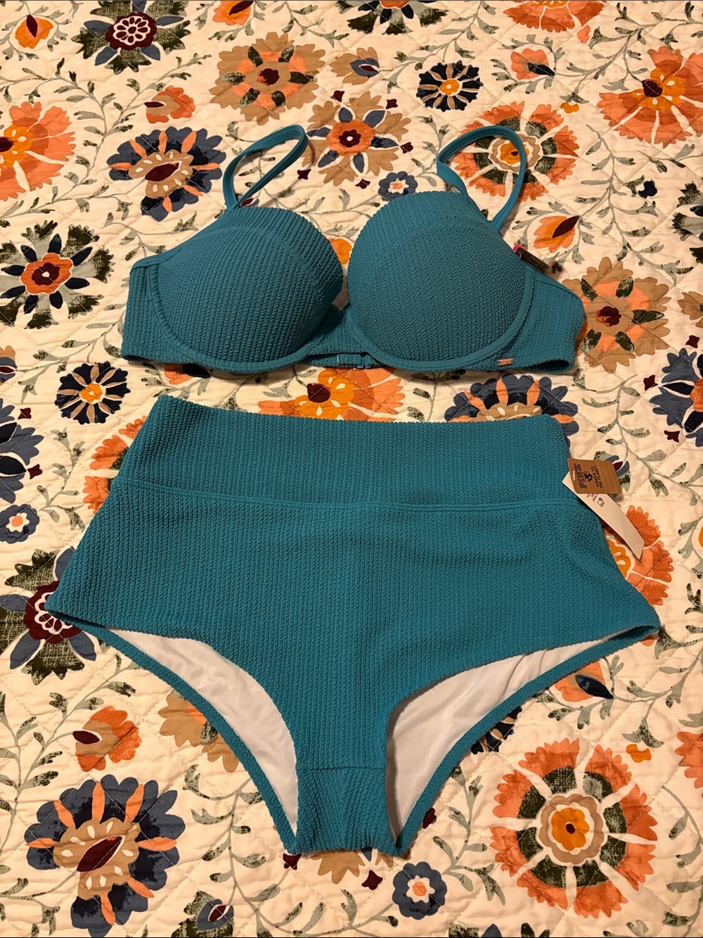 PINK Victoria's Secret Teal Textured Underwire High Waisted Bikini Set